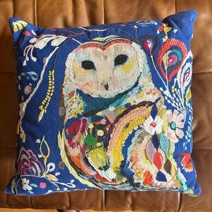 Anthropologie Starla M Halfmann Cobalt Blue Owl Pillow - 100% Cotton - 18x18